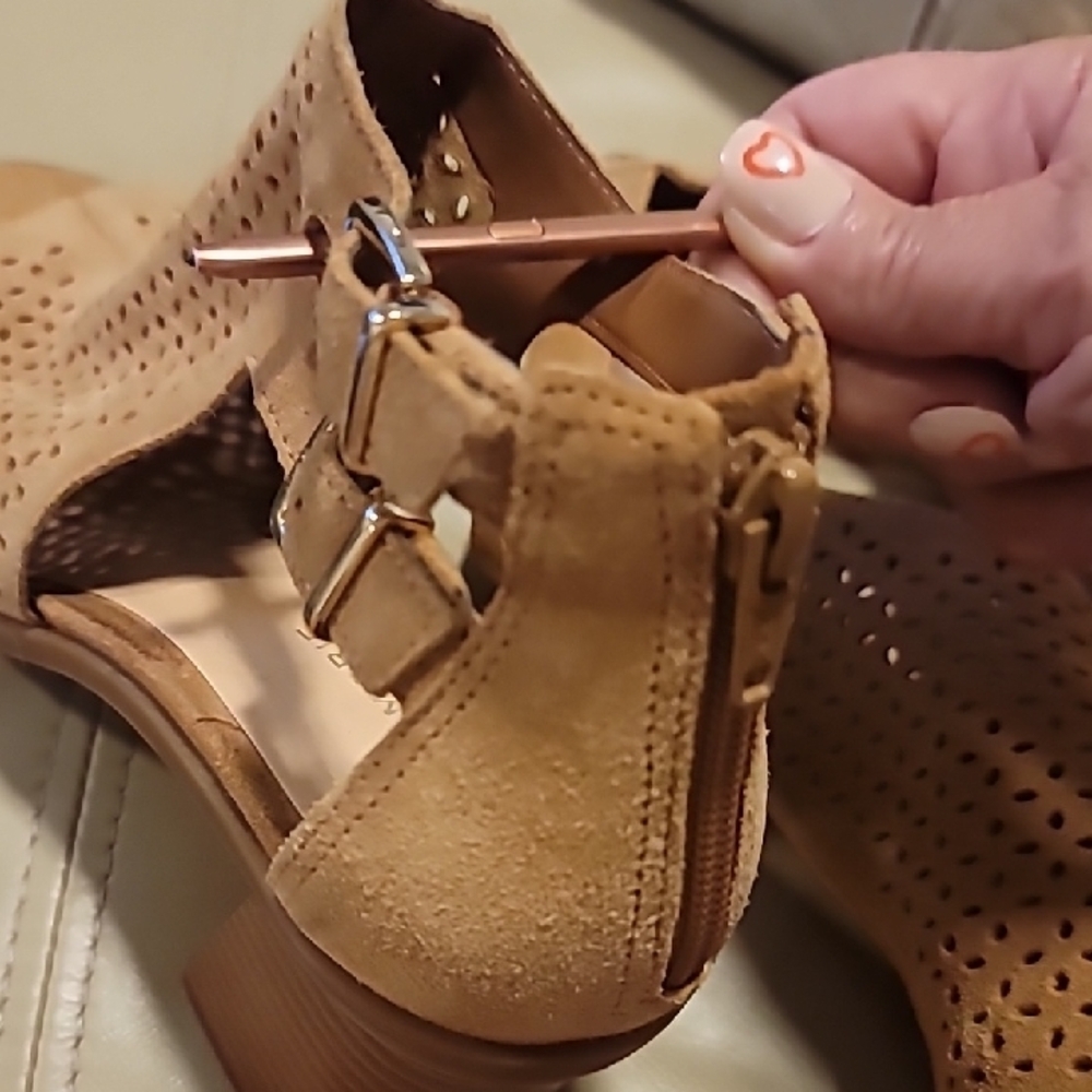 Tan Ankle Boos with Chunky Heel and Perforated Design - Picture 7 of 9
